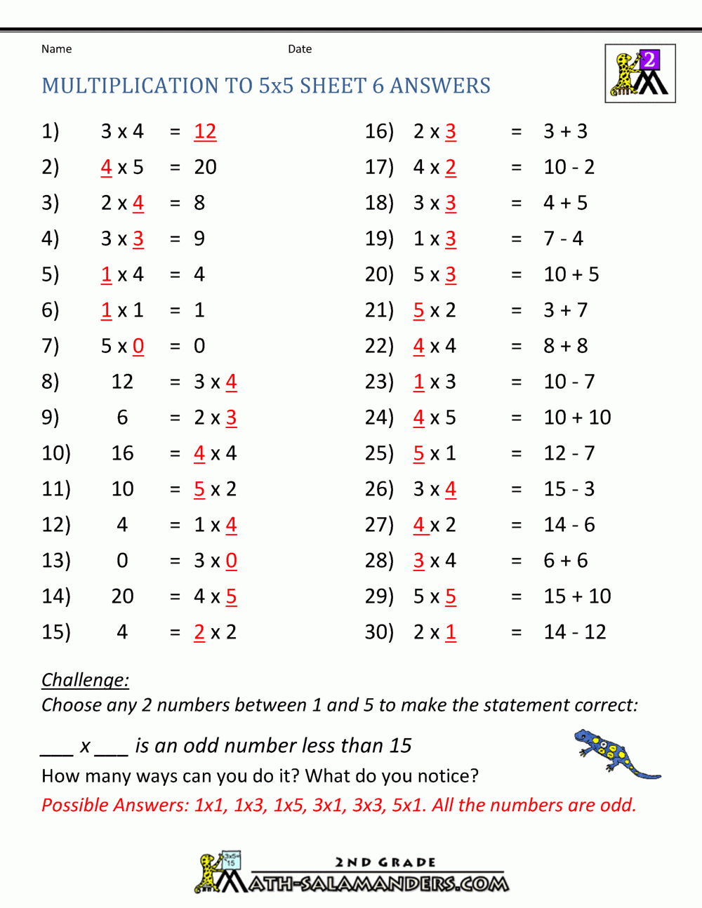 Multiplication Practice Worksheets To 5x5