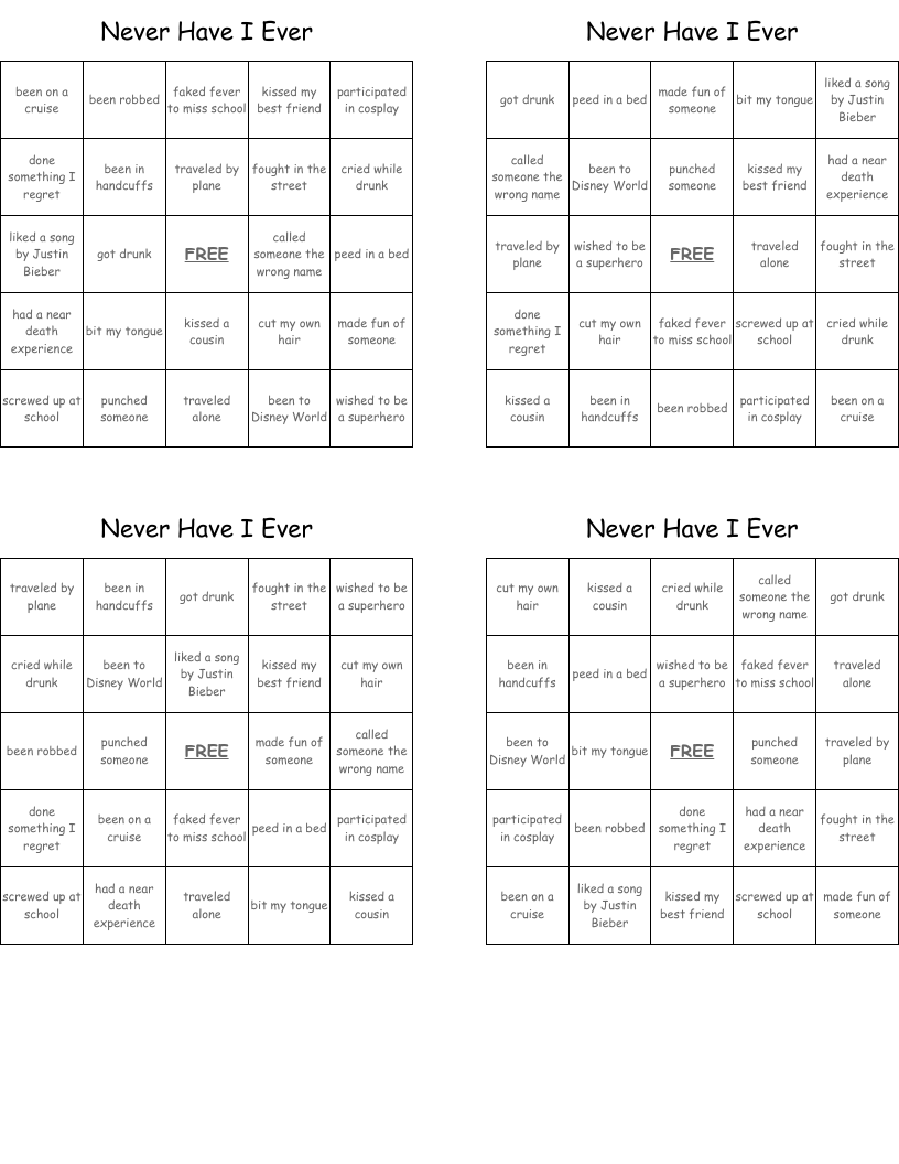 Never Have I Ever Bingo Cards WordMint
