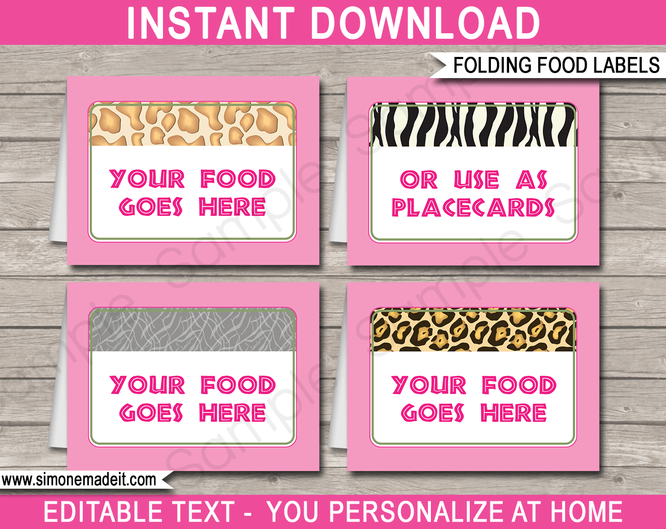 Pink Safari Birthday Party Food Labels Template Printable Place Cards