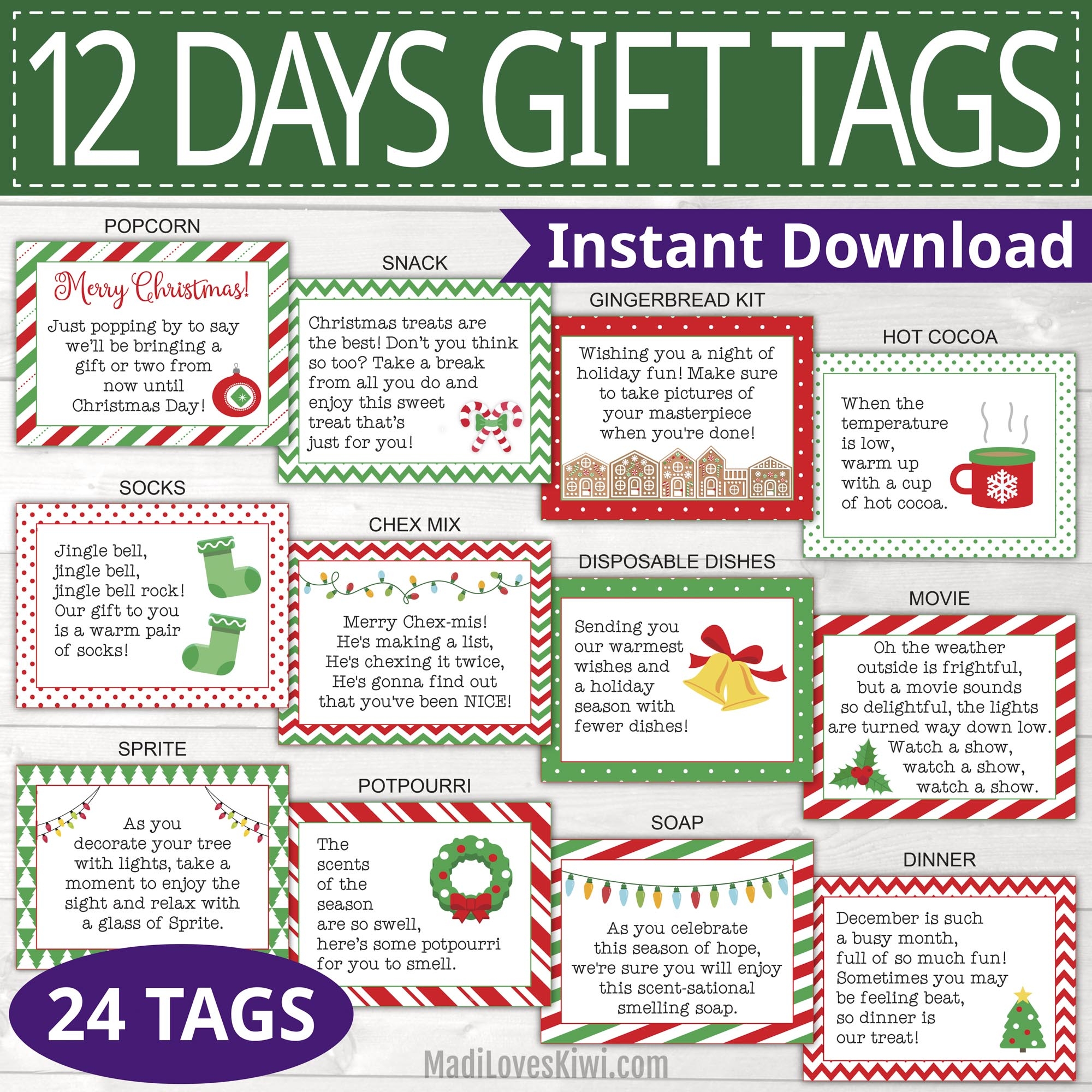 Printable 12 Days Of Christmas Gift Tags Instant Download Secret Santa Card Xmas Presents Madi Loves Kiwi Digital Downloads