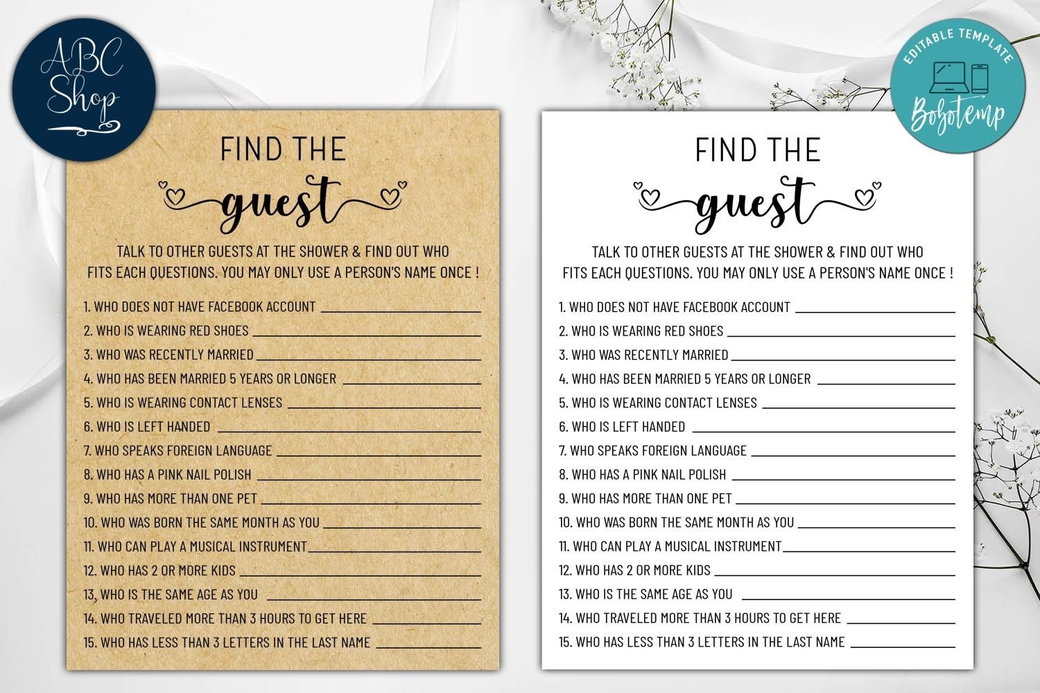 Printable Find The Guest Bridal Shower Game Instant Download Bobotemp