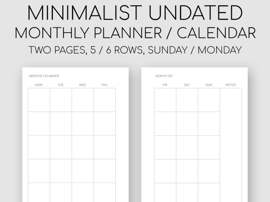 Printable Minimalist Monthly Planner Month On Two Pages