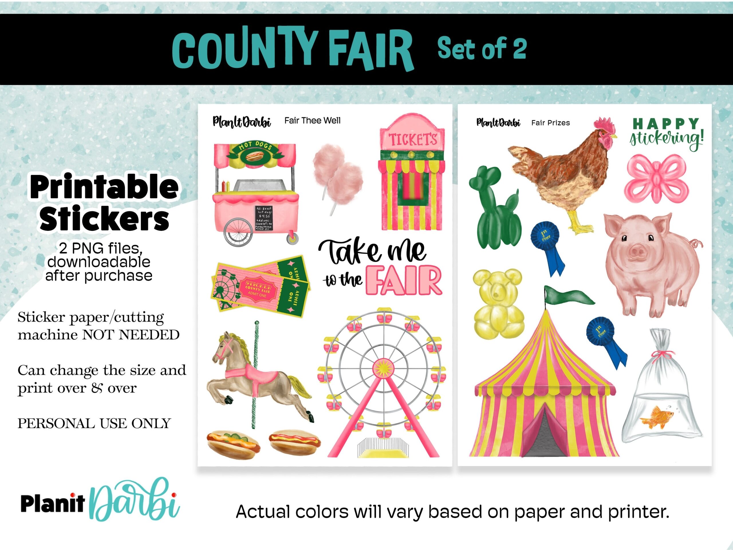 PRINTABLE STICKERS County Fair set Of 2 PNG Summer Fun Carnival Pig Balloon Ferris Wheel Clip Art For Junk Journal Bujo Planners Etsy