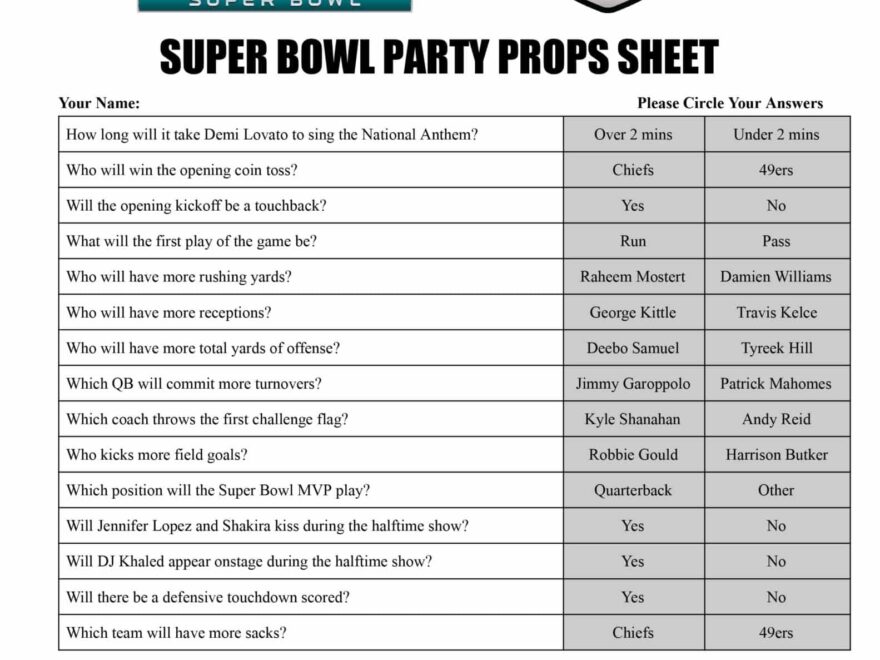 Printable Super Bowl Party Props Sheet Sports Gambling Podcast