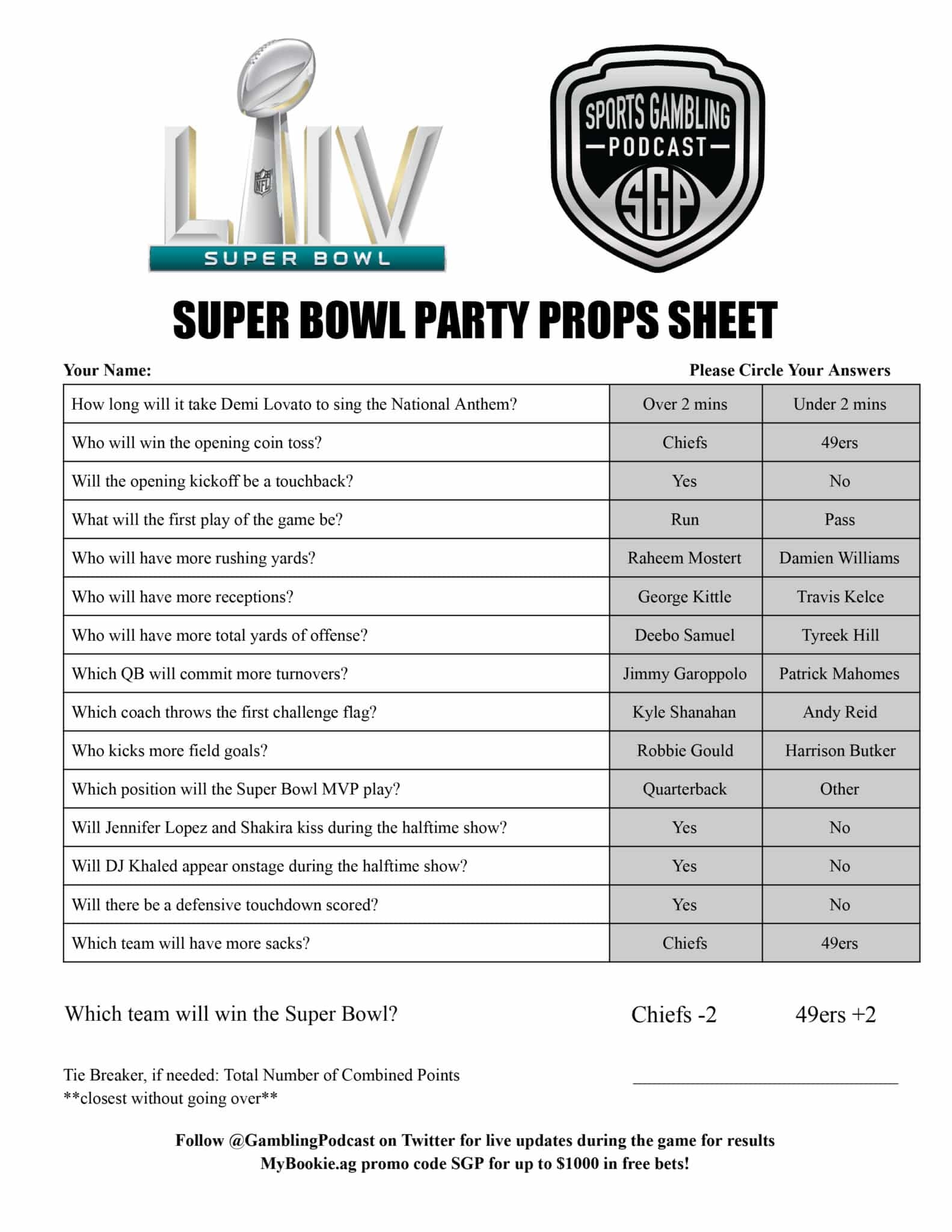 Printable Super Bowl Party Props Sheet Sports Gambling Podcast
