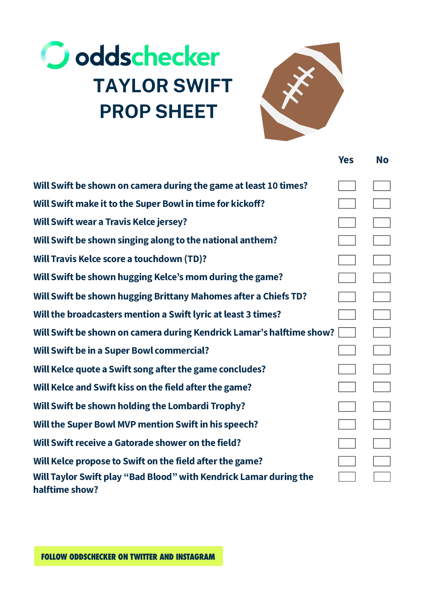 Printable Taylor Swift Super Bowl Prop Sheet PDF Featuring Taylor Swift Prop Bets Oddschecker