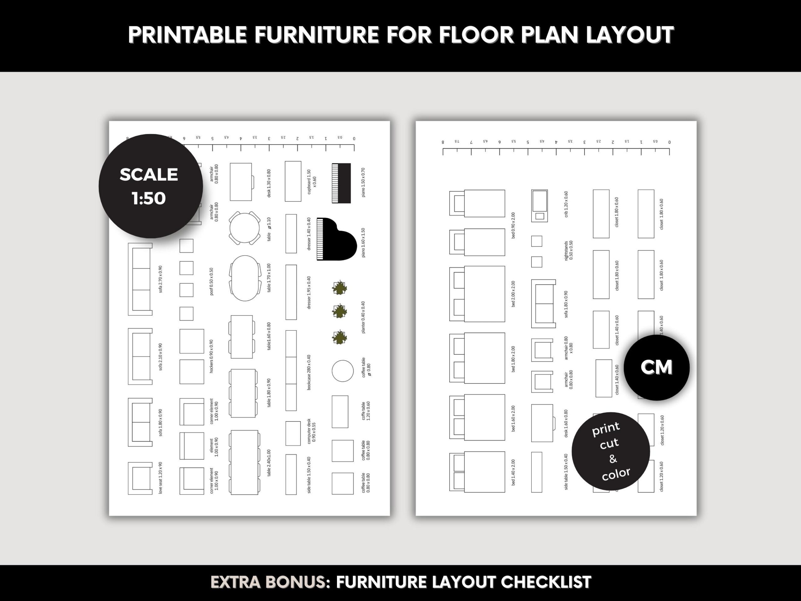 Printable Template Scale Furniture A4 Coloring Page Scale Furniture Floor Plan 2D Change Living Room Change Bedroom Layout Scale 1 By 50 Cm Etsy UK