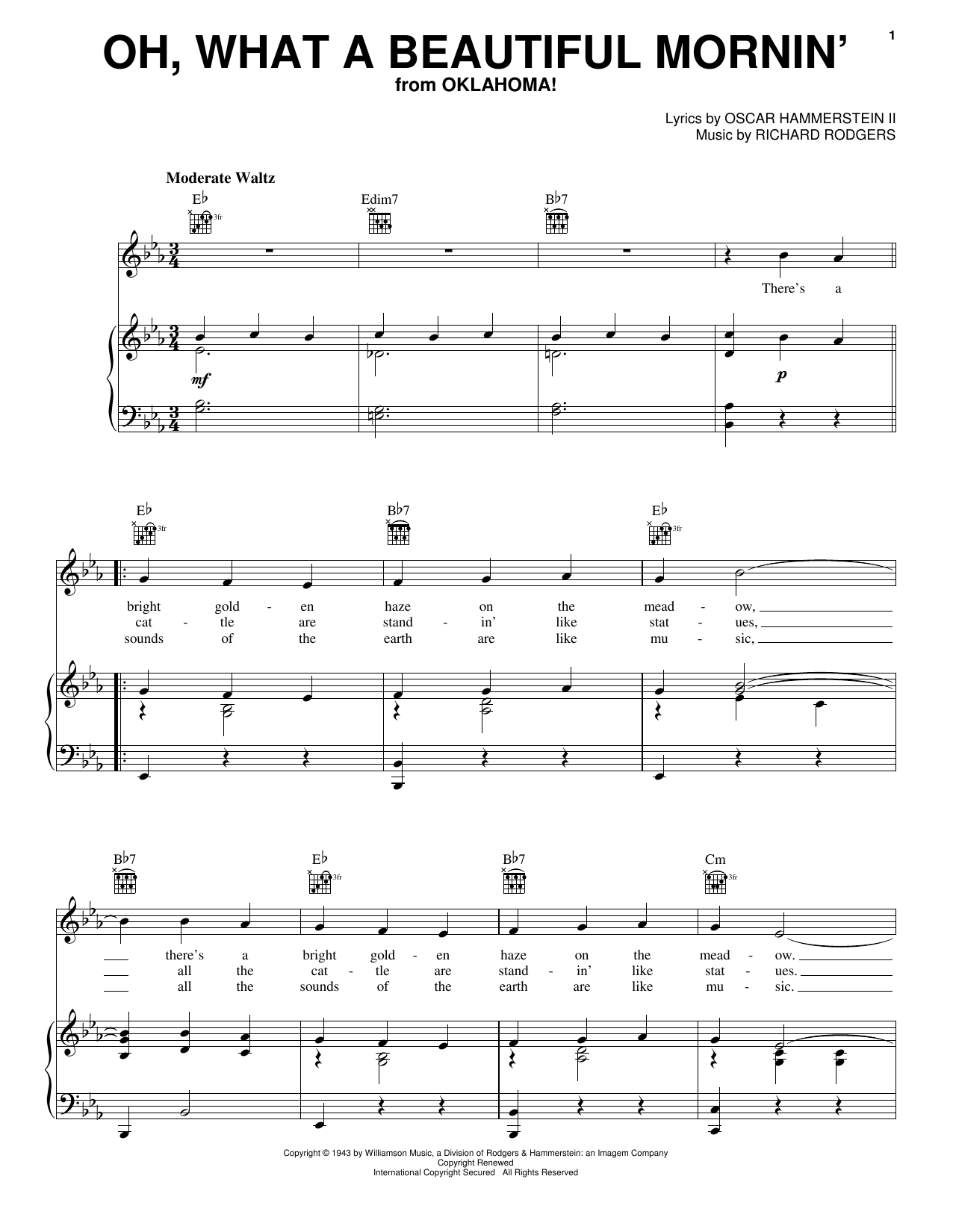 Rodgers Hammerstein Oh What A Beautiful Mornin from Oklahoma Sheet Music Chords Download 2 Page Printable PDF Educational Piano Score 52941