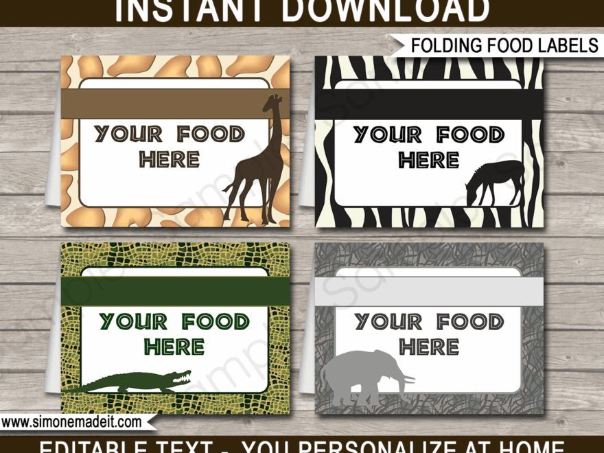 Safari Party Food Labels Template Place Cards Zoo Theme Decorations