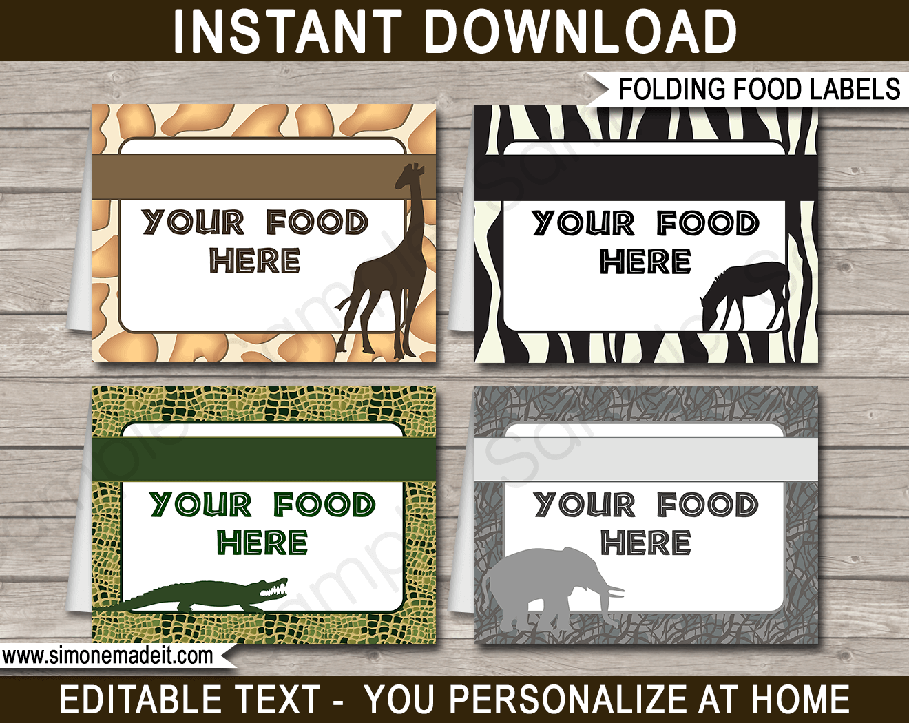 Safari Party Food Labels Template Place Cards Zoo Theme Decorations