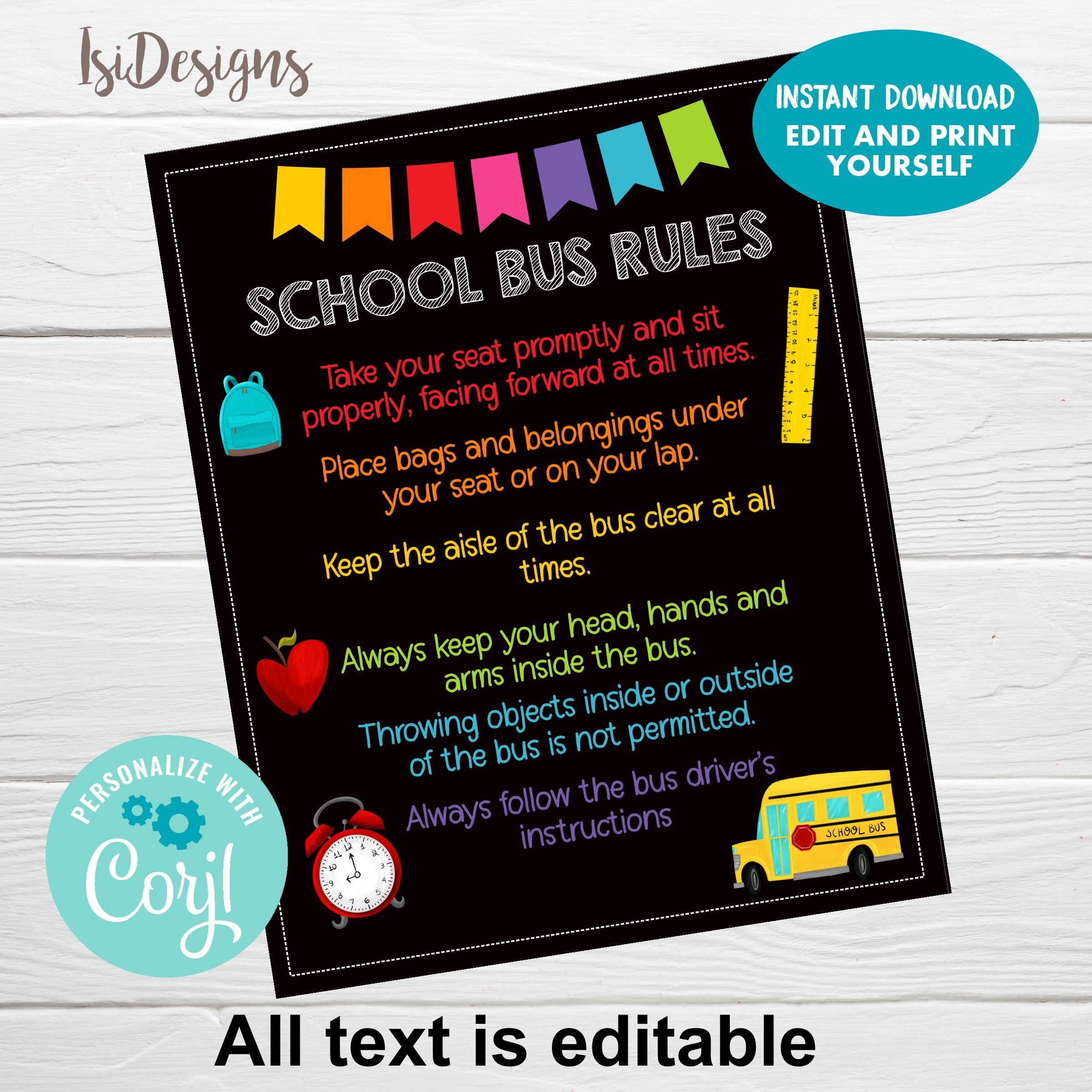 School Bus Safety Rules Instant Download Editable Template Back To School Bus Rules Editable Chalkboard Poster School Printable Etsy