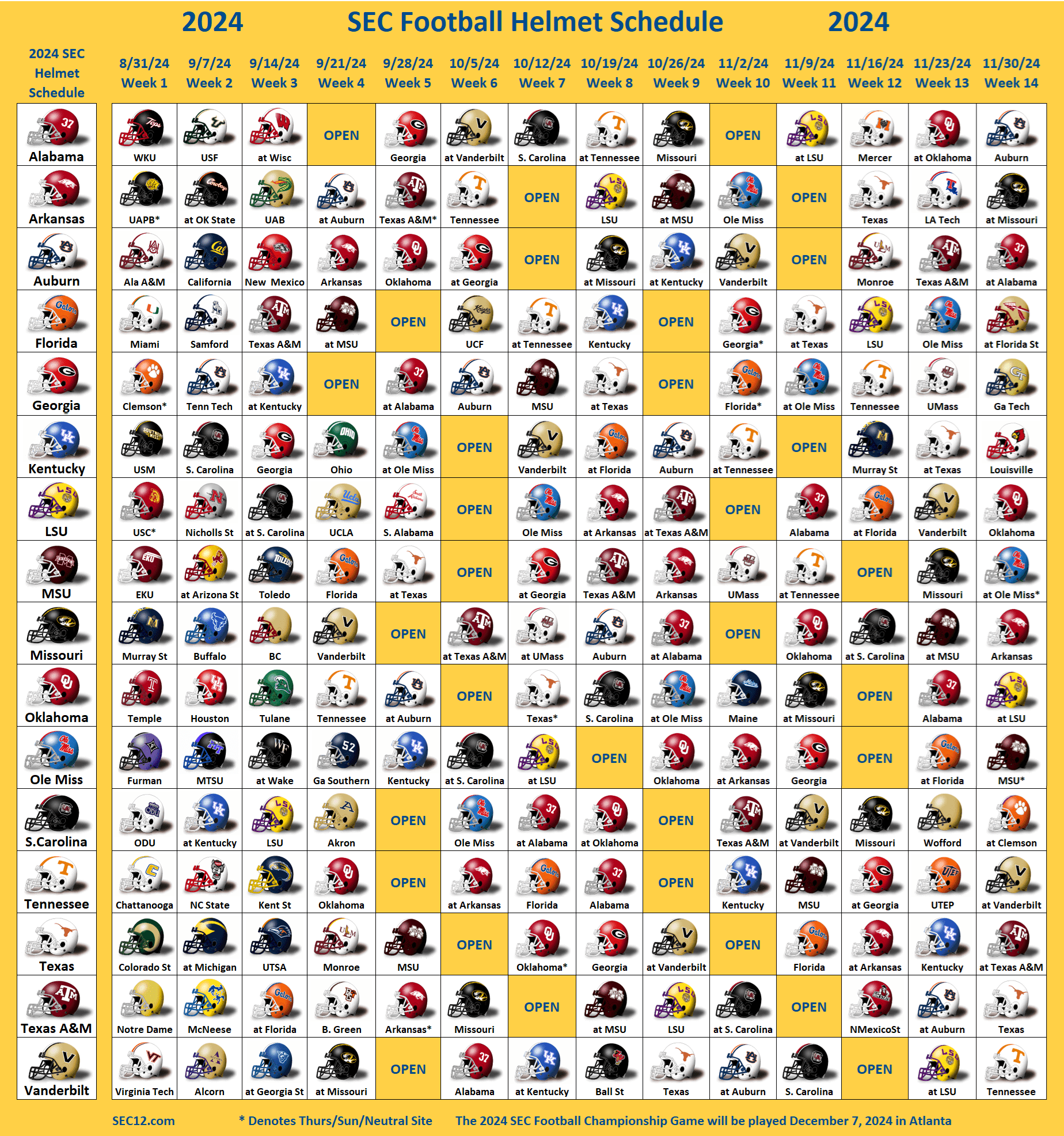 SEC Football Helmet Schedule SEC12 SEC Football