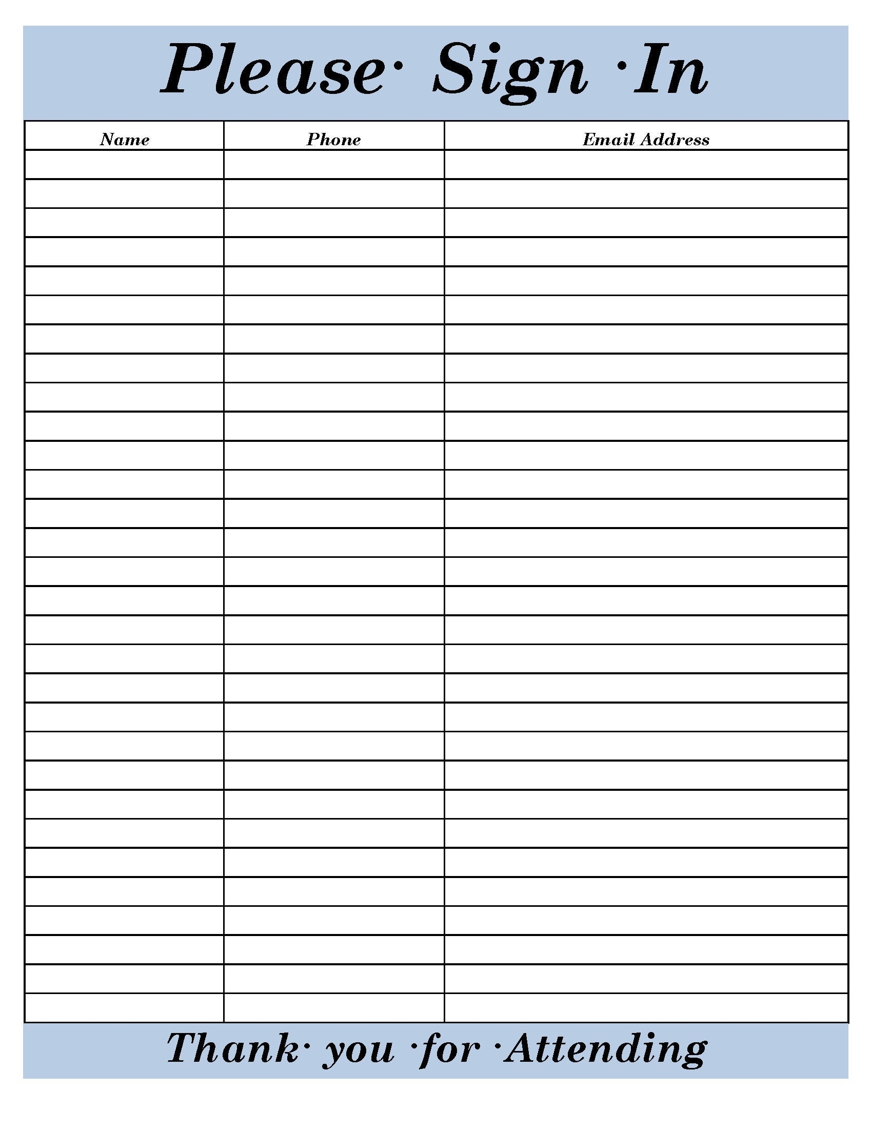 Printable Sign In Sheet Template