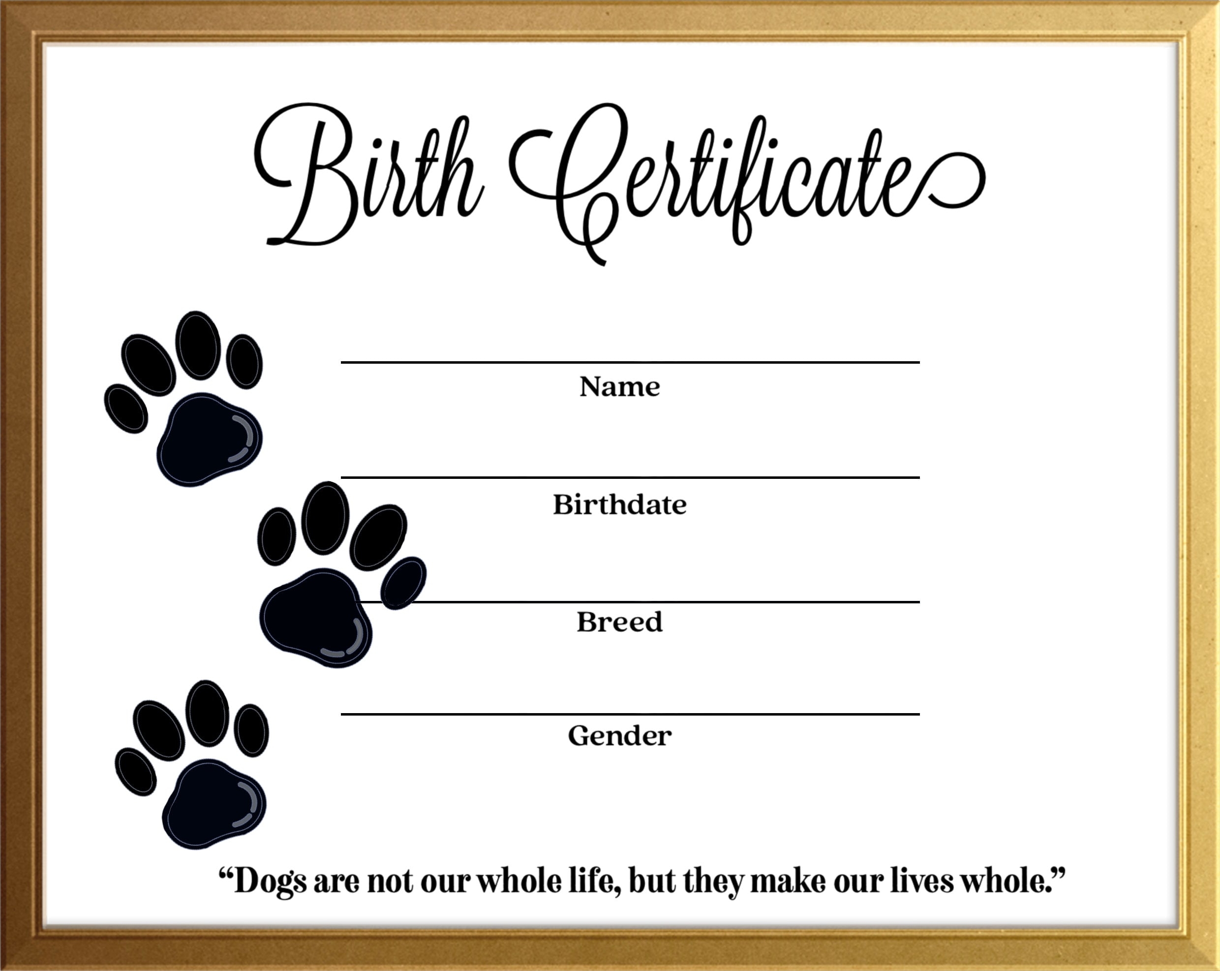 Simple Dog Canine Birth Certificate Instant Download Printable Template Gold Frame Breeder Resource Etsy