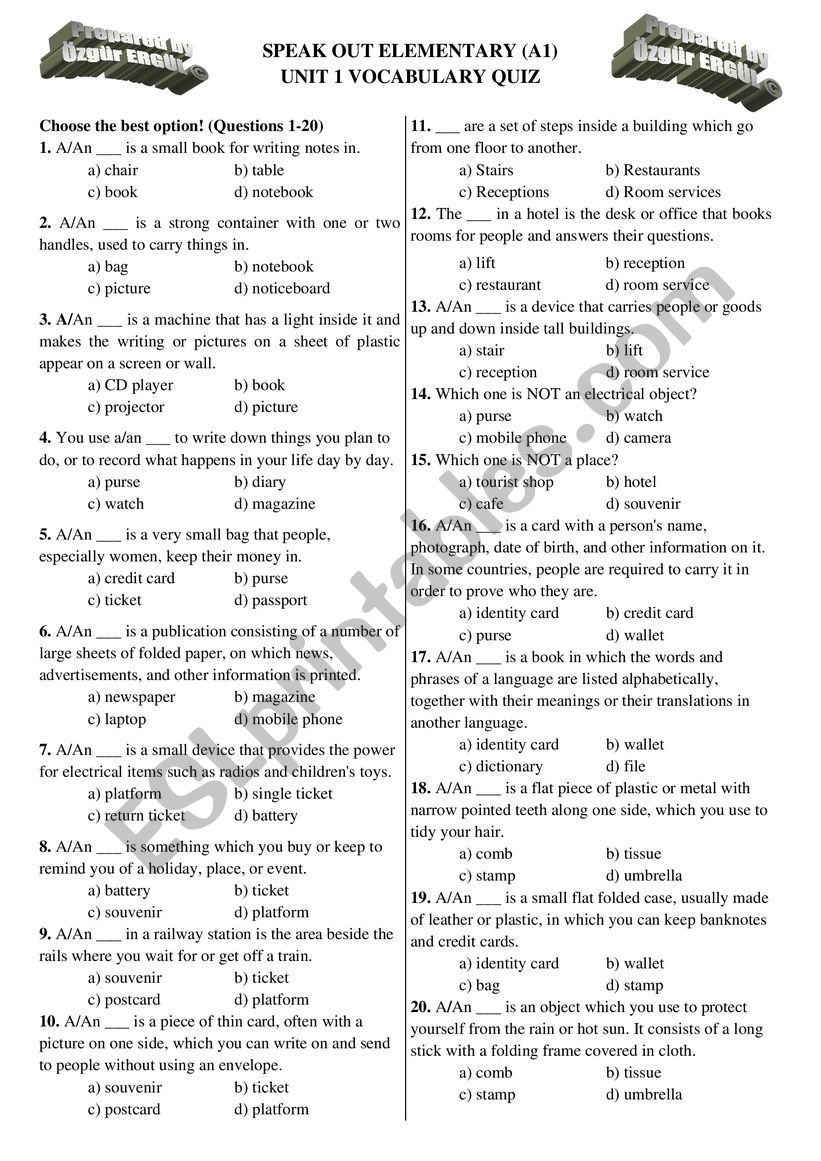 Speakout Elementary Unit 1 Vocabulary Quiz ESL Worksheet By Bennnozgurumm