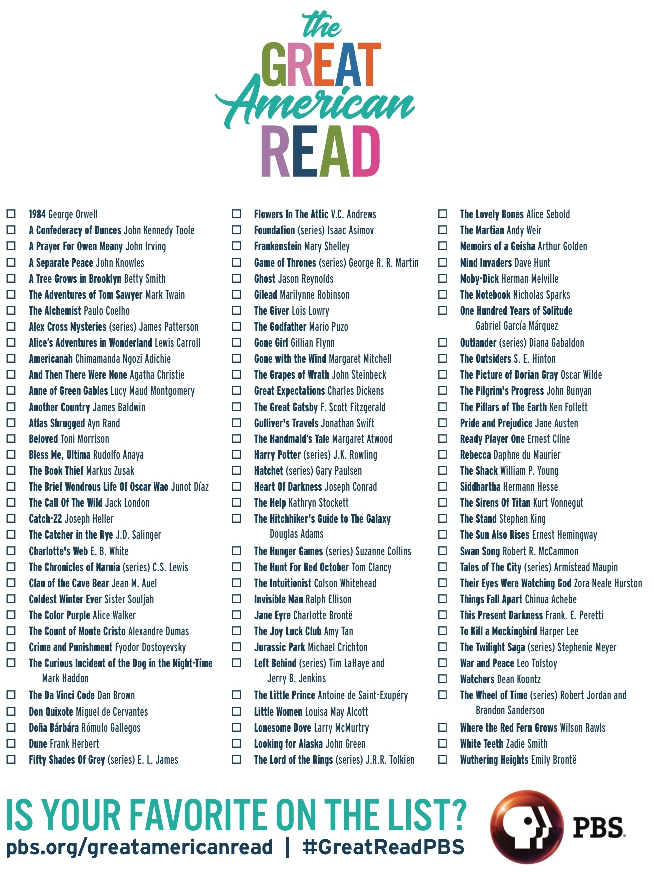 The Great American Read Print Your Checklist Debbie s Spurts