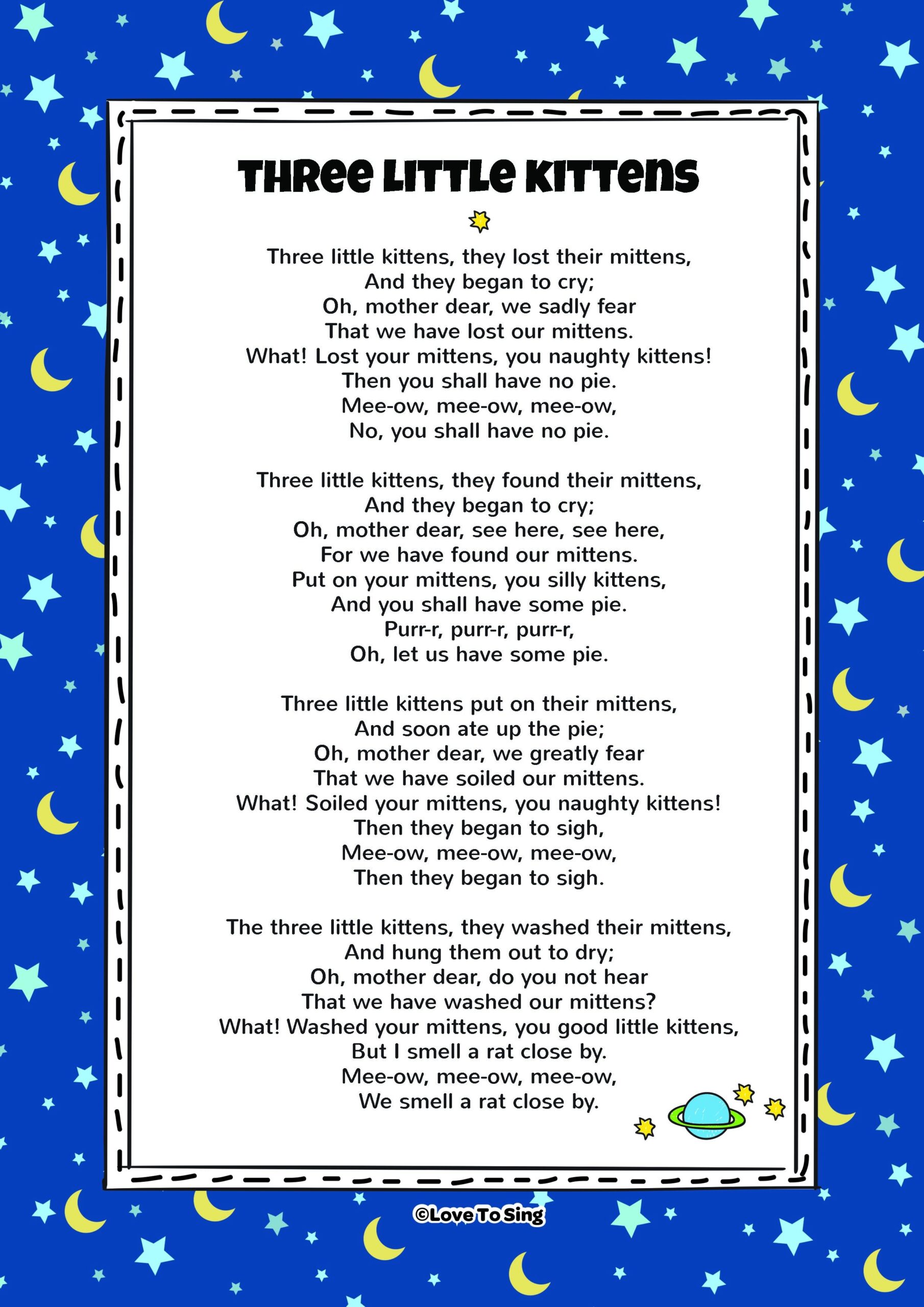 Three Little Kittens Song FREE Video Song Lyrics Activities