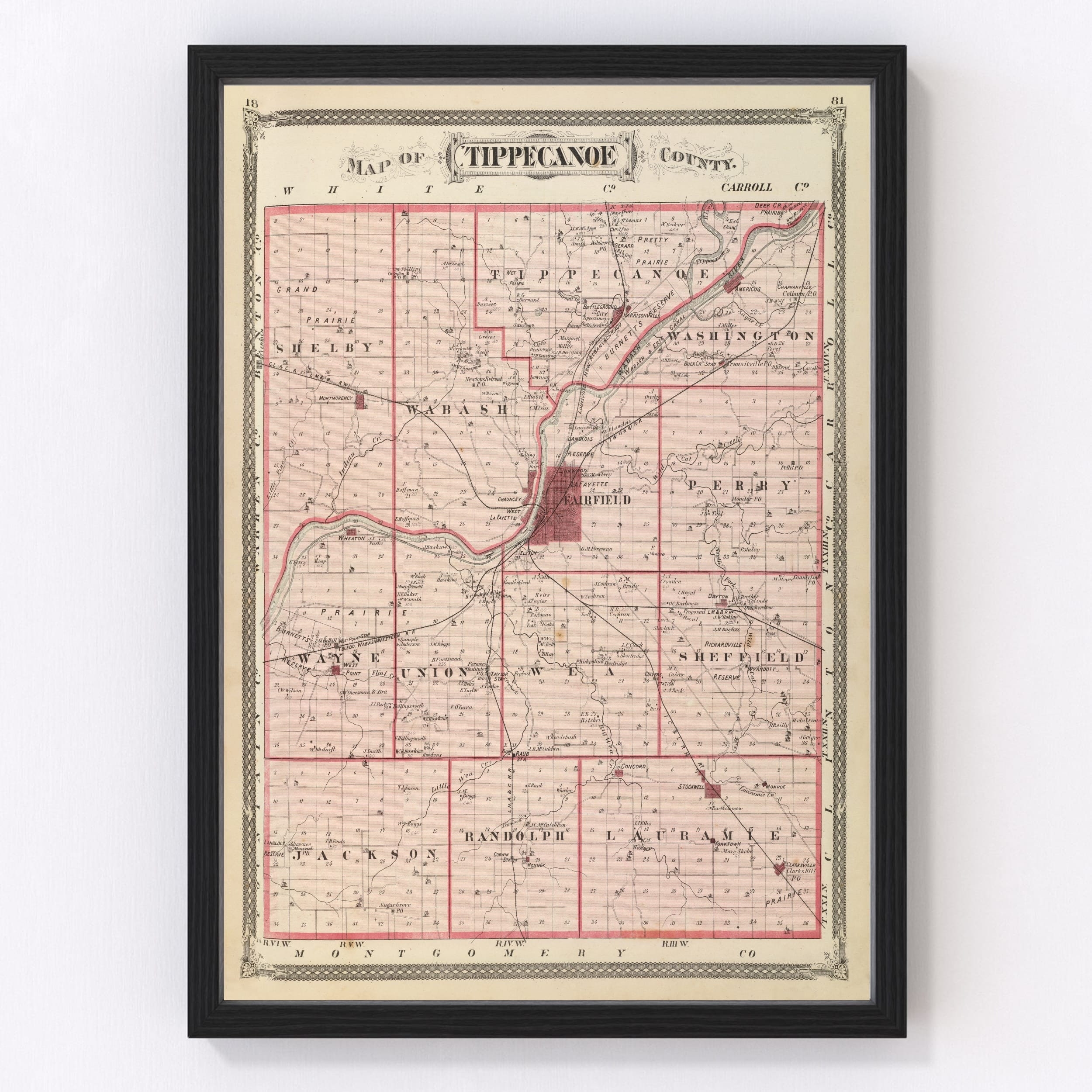 Tippecanoe County Map 1876 Vintage Tippecanoe County Map Old Tippecanoe County Indiana Art Wall Art Gift For Tippecanoe County History Lo Etsy