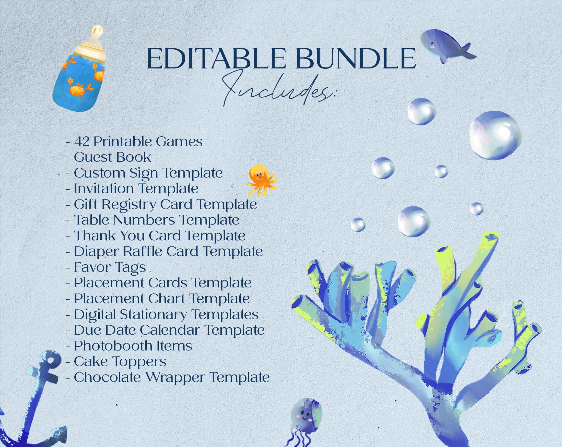Under The Sea Baby Shower Bundle Printable And Editable Invitations Games And More Digital Products With Reselling Rights PLR 