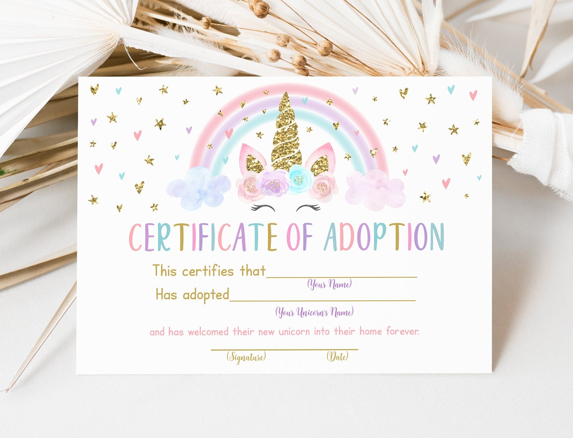 Unicorn Certificate Of Adoption Adopt A Unicorn Rainbow Unicorn Party Pink Gold Pastel Floral Unicorn Printable Digital Download A582 Etsy