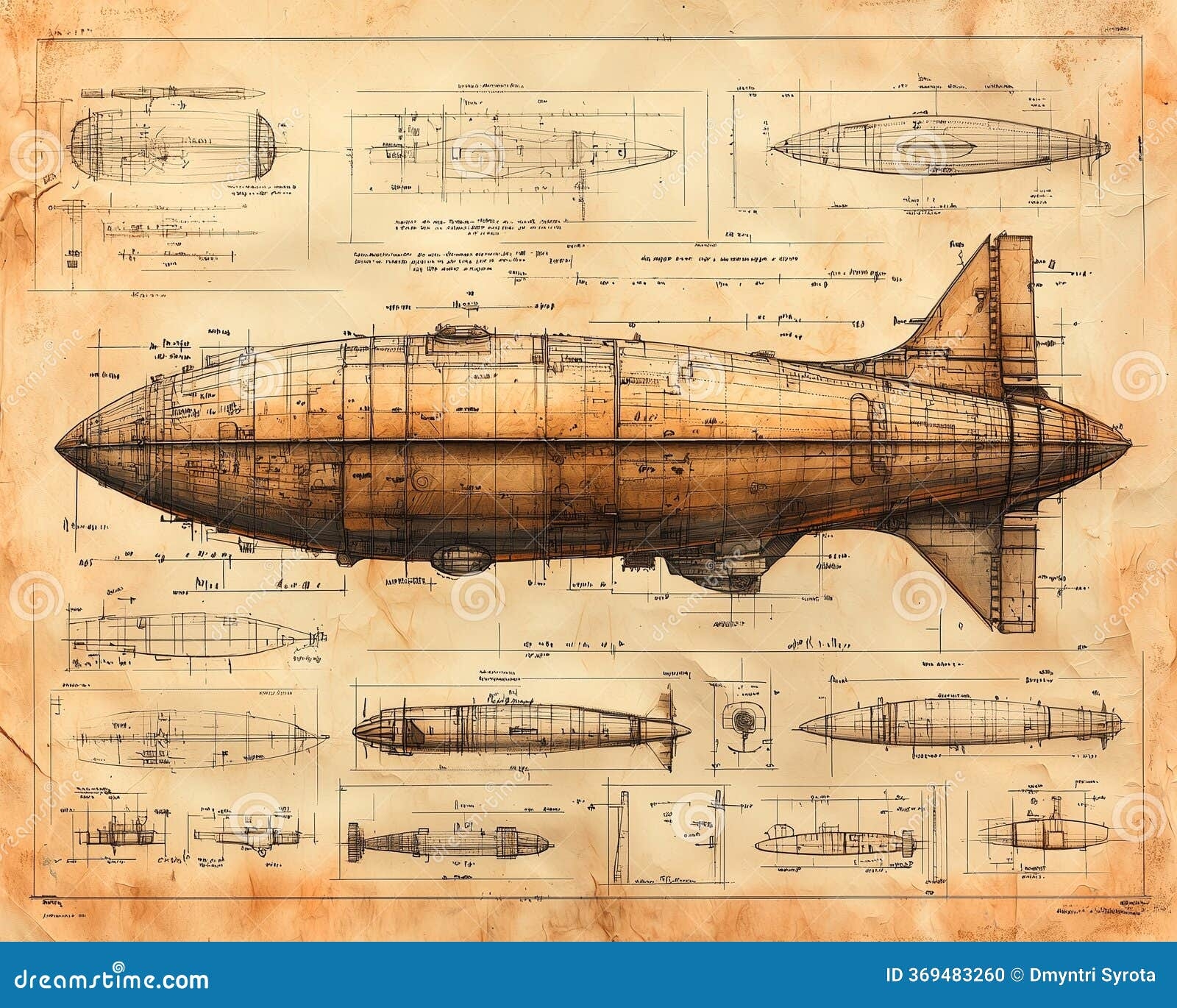 Vintage Blueprint Of A Retro futuristic Airship Stock Illustration Illustration Of Industrial Aerial 369483260