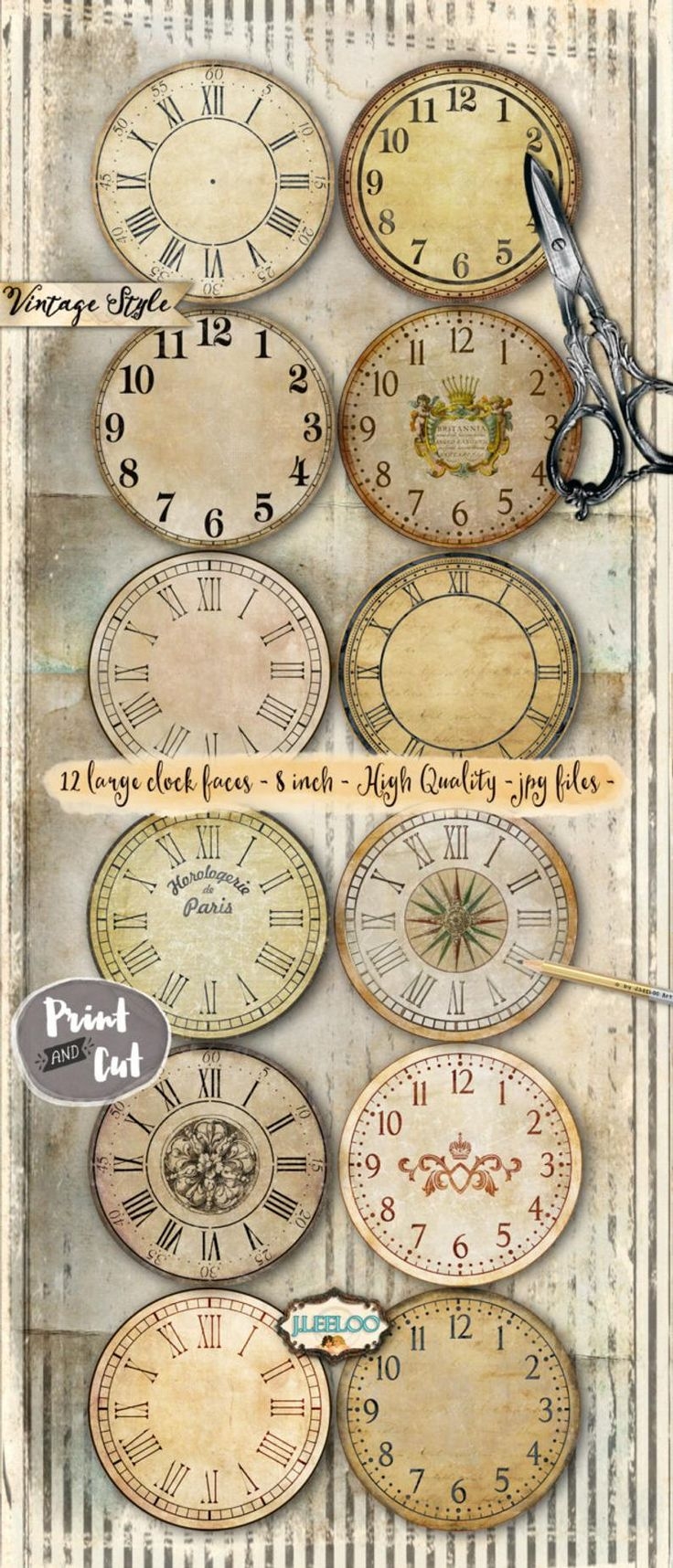 VINTAGE CLOCK 8 Inch Circle Printable Clock Face Jpeg Clipart Vintage Home Decor Diy Paper Crafting Download Digital Collage Tn539 Etsy