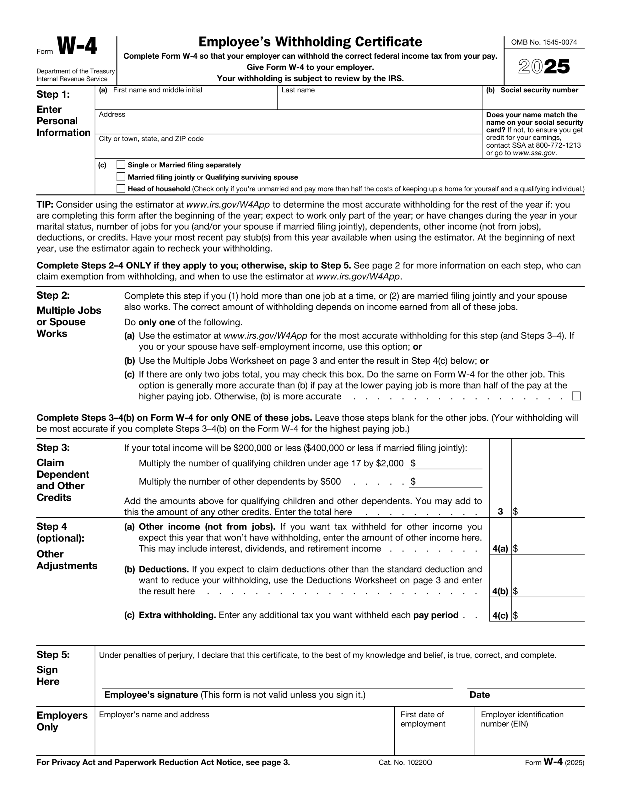 Printable W 4 Form 2025